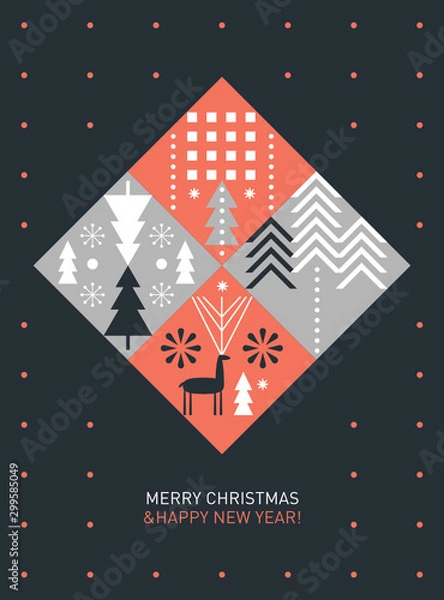 Fototapeta Christmas and New year's card , stylized trees, deer, snowflakes, geometric shapes, geometric ornaments	