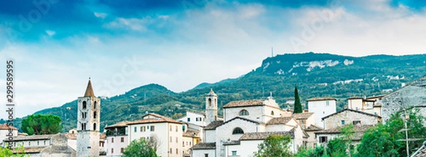 Fototapeta view on mountain and houses of historical town Ascoli Piceno, Italy