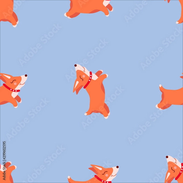 Fototapeta Cute cartoon corgi puppies on a blue background. Vector seamless pattern.