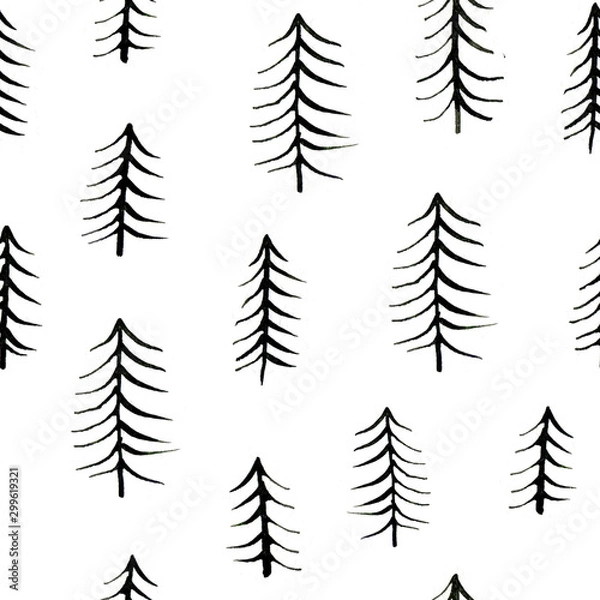 Fototapeta Ink seamless black and white pattern of Christmas tree . Hand drawn illustration on the white background