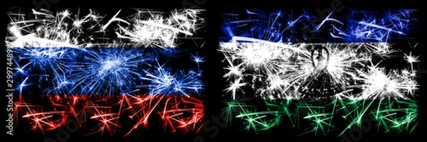 Fototapeta Russia, Russian vs Lesotho New Year celebration sparkling fireworks flags concept background. Combination of two states flags