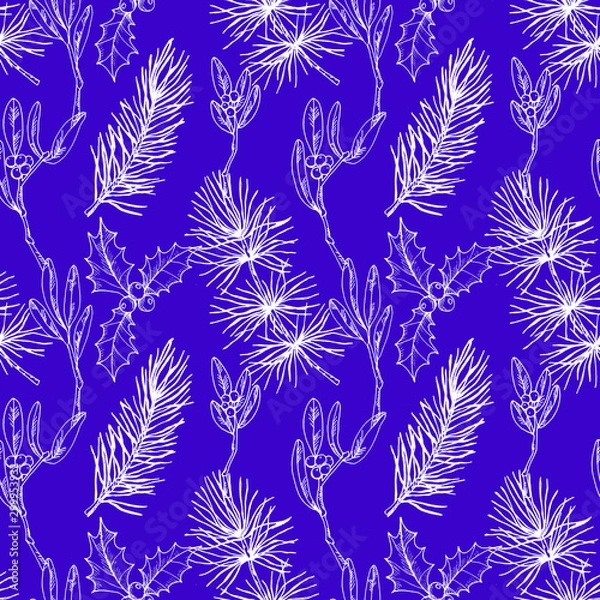 Fototapeta Christmas seamless pattern with spruce branches, Holly, mistletoe. White silhouettes on a blue background. Graphics, hand drawn illustration. Suitable for packaging, fabric, wallpaper