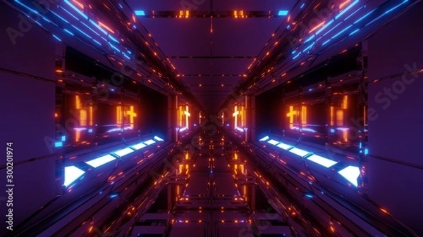 Fototapeta cool futuristic space scifi hangar tunnel corridor with holy glowing christian cross 3d illustration live wallpaper motion background design vj loop club visual