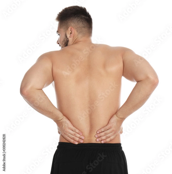 Fototapeta Man suffering from backache on white background