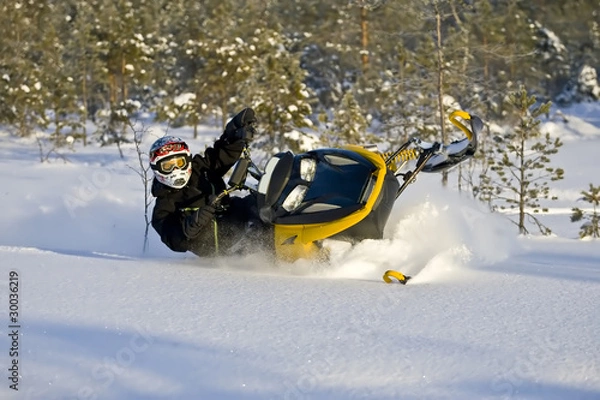 Fototapeta Snowmobile action in pristine lands