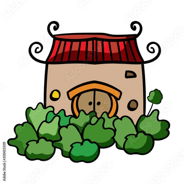 Fototapeta Asian architecture Red Chinese, House with a garden. - Vector. Vector illustration