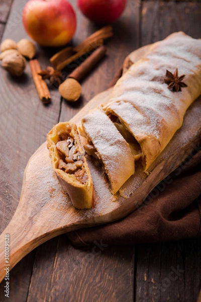 Fototapeta Apple Pastry Strudel Cake Dessert Pie Closeup. Austrian Puff Piece with Cinnamon. Bakery Cutted for Birthday Breakfast. Homemade Apfelstrudel Gourmet Crust