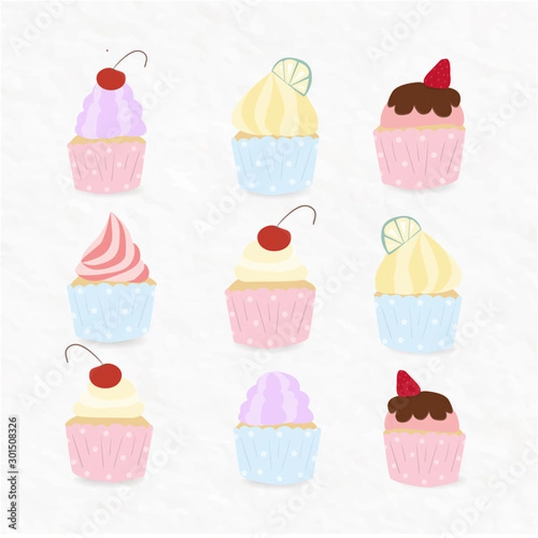 Obraz sweet cupcakes set with paper cover background decorate with strawberry lemon cherry chocolate glaze.cute item for bakery product food lover vector backdrop.