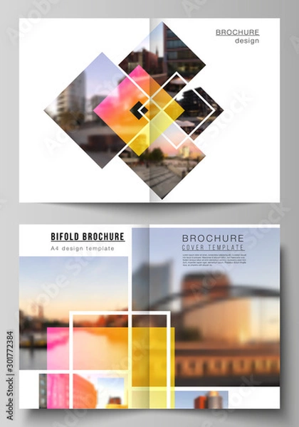 Fototapeta Vector layout of two A4 format modern cover mockups design templates for bifold brochure, magazine, flyer, booklet, annual report. Creative trendy style mockups, blue color trendy design backgrounds.