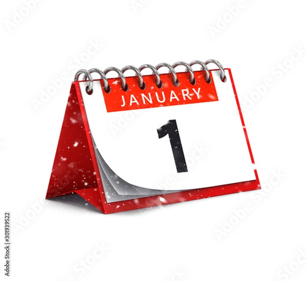 Fototapeta 3D rendering of snowy red desk paper January 1 date - calendar page isolated on white