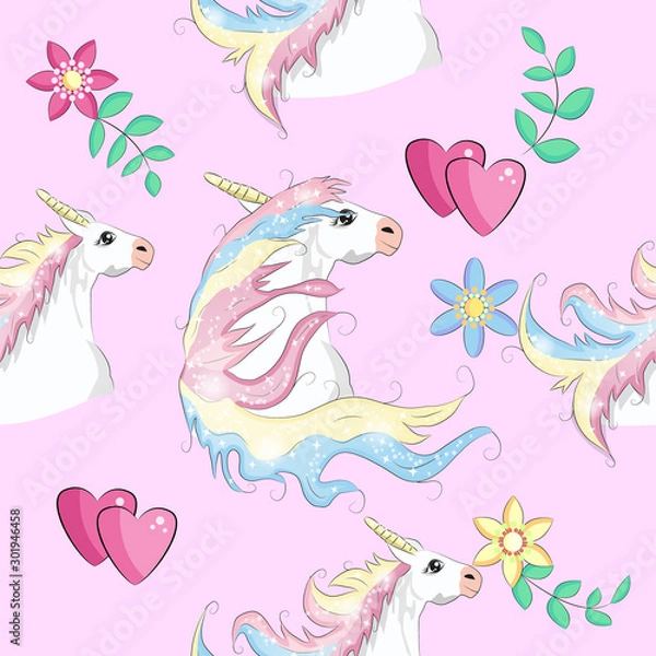 Fototapeta Seamless pattern with Unicorns, rainbows and hearts, trendy cartoon patches.