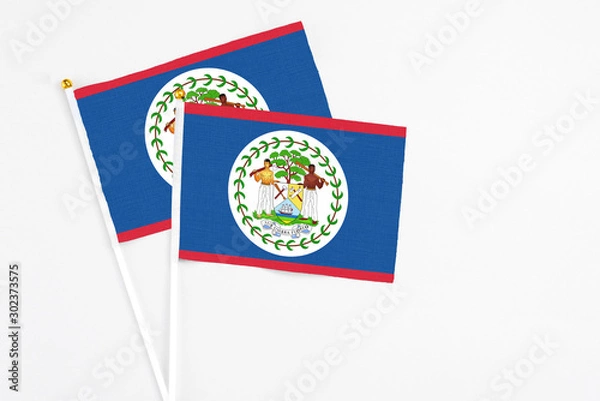 Fototapeta Belize and Belize stick flags on white background. High quality fabric, miniature national flag. Peaceful global concept.White floor for copy space.