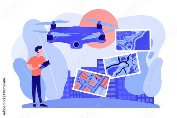 Fototapeta Drone, quadcopter operator, pilot making photos. UAV with camera. Aerial photography, air survey services, drone photo of your event concept. Pinkish coral bluevector isolated illustration