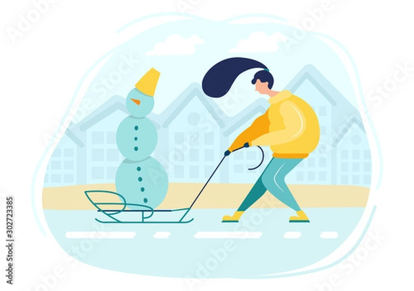 Fototapeta Girl in hat and warm clothes makes a snowman and lugs him on sled. Flat illustration isolated character on white background. Walking Outdoors house, holiday mood