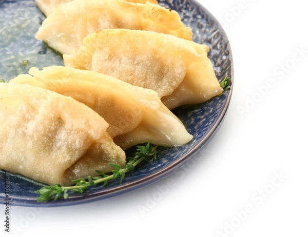 Fototapeta Plate with tasty Japanese gyoza on white background