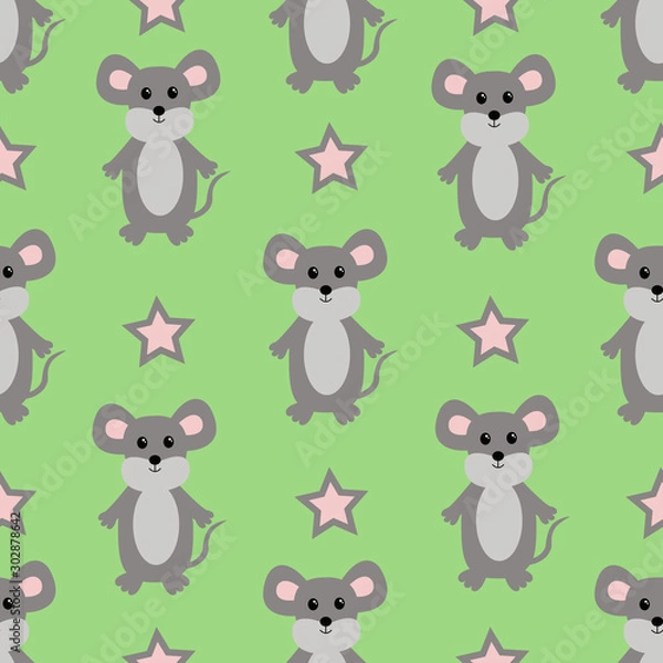 Fototapeta Seamless pattern with kawaii mouse and stars. Vector illustration.