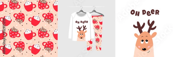 Fototapeta Seamless Christmas pattern and illustration for kid with fawn, text Oh deer