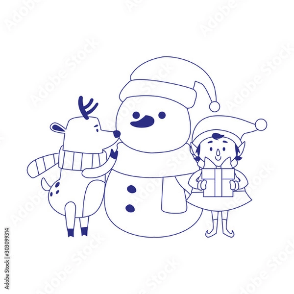 Fototapeta cartoon snowman with christmas elf and deer