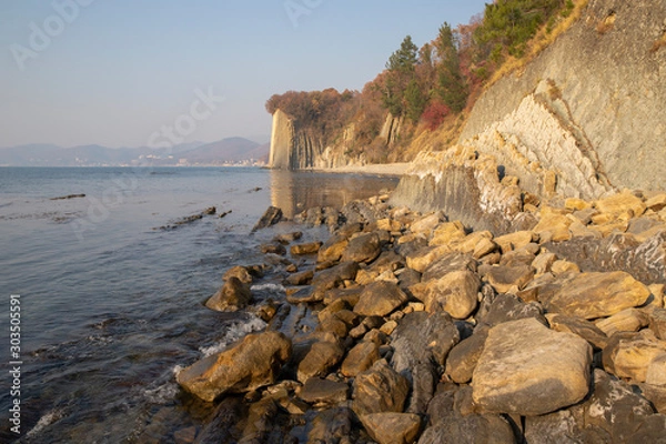 Fototapeta the rocky shore. beautiful view of the autumn forest. Kiselyov Rock