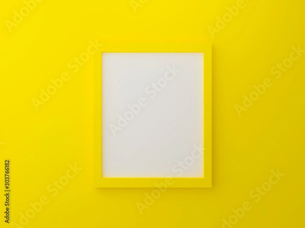 Obraz Yellow blank photo frame template on wall texture in gallery. 3d render illustration. Empty clean picture on yellow background for mockup poster and place image. Modern interior design concept.