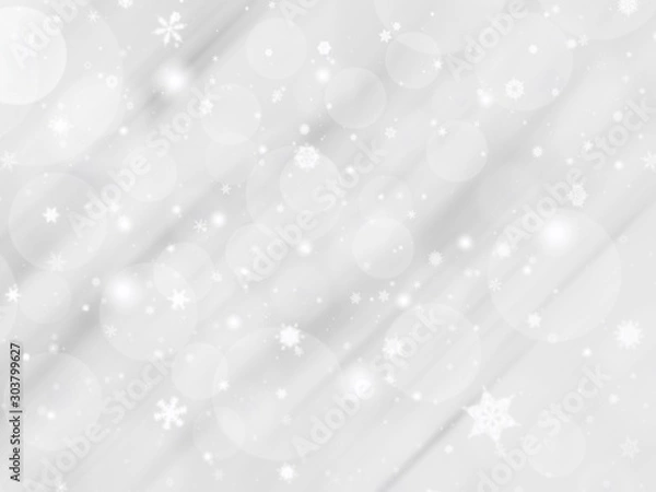 Fototapeta White gray background. white snowflakes, stars shiny and abstract bokeh blurred. Happy New Year and Merry Christmas winter holiday. use card wallpaper backdrop product.