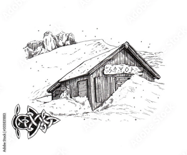 Fototapeta Images of a house in the mountains, winter, Scandinavian pattern