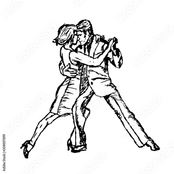 Fototapeta Dancing couple of people. Flat design, black line isolated on white. Vector image.