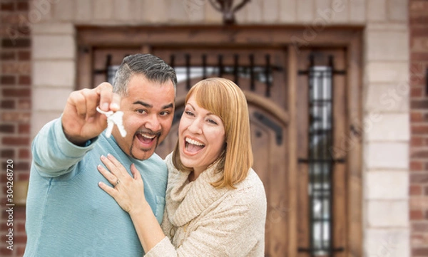 Fototapeta Mixed Race Couple In Front of Front Door of New House Holding Keys