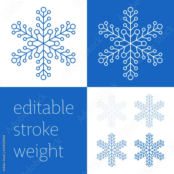 Fototapeta Blue snowflake icon - a symbol of winter holidays, Christmas and New year, cold weather and frost - isolated on white background. Elegant vector design element with editable stroke weight.