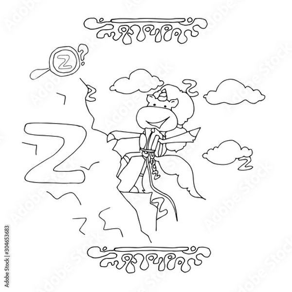 Fototapeta Find Letter Z. Funny cartoon unicorn. Animals alphabet a Coloring page. Printable worksheet. Unicorns climber climbs a rock.