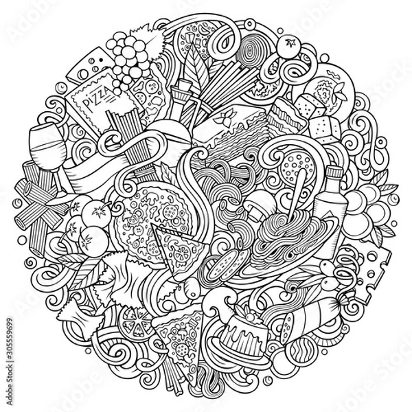 Fototapeta Cartoon line art doodles Italian Food illustration