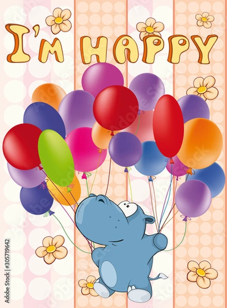 Fototapeta Happy Birthday Card Cute Cartoon Character Hippo . Vector Greeting Card. Happy Moment. Congratulation