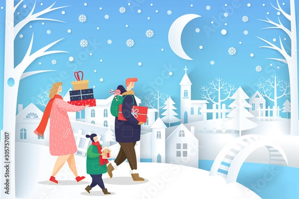 Fototapeta People wearing scarf carrying present box on winter holiday. Parents with daughter and son holding gift with bow. Card decorated by snowflakes and moon, man and woman near snowy buildings vector