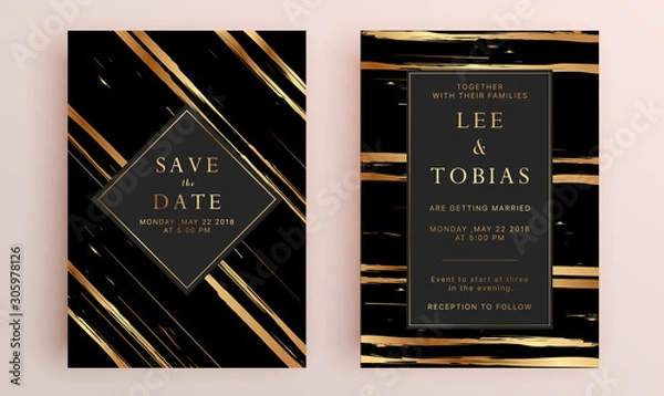 Fototapeta Beautiful set of wedding card templates. Gold collection of geometrical polyhedron, art deco style for wedding invitation, luxury templates, decorative patterns.