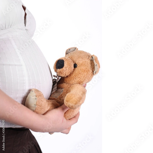 Fototapeta Pregnant mother holding a teddy