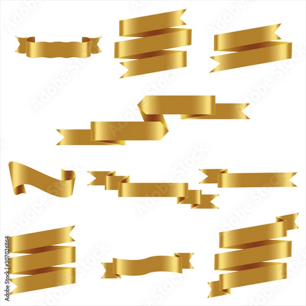 Fototapeta GOLD Ribbon Set In Isolated For Celebration And Winner Award Banner White Background, Vector Illustration