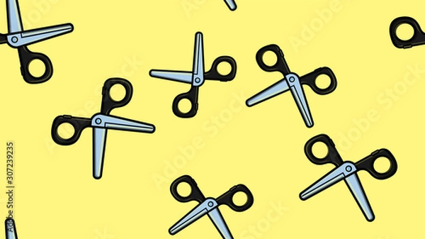 Fototapeta texture seamless pattern scissors on a yellow background for the decoration of paper cutting, decor, for cutting small parts, ribbons, sequins, handmade products. Vector illustration