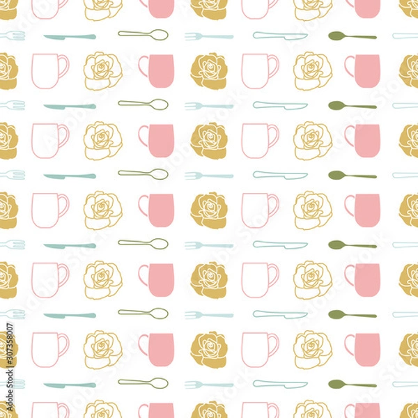 Fototapeta Regular repeat vector pattern with teacups and flowers on white background. One of "Tea Garden Party" collection patterns.