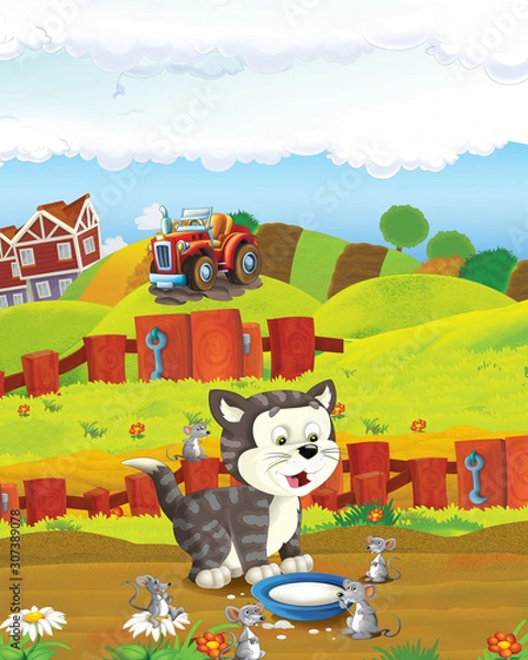 Fototapeta cartoon scene with cat having fun on the farm - illustration for children