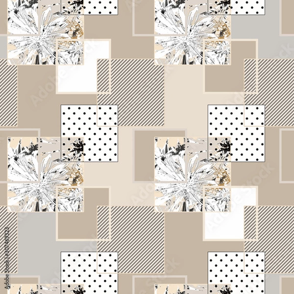 Fototapeta Seamless abstract pattern. Cage, flowers and polka dots in gray, beige and cream color.