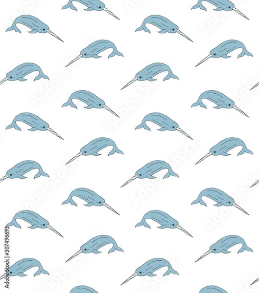 Fototapeta Vector seamless pattern of blue hand drawn sketch doodle narwhal isolated on white background