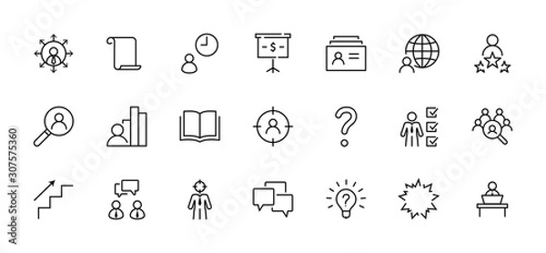 Fototapeta Set of Head Hunting Related Vector Line Icons. Contains such Icons as Career growth, Bulb, Candidate, Search, CV, Card Index, Outsource and more. Editable Stroke. 32x32 Pixel Perfect