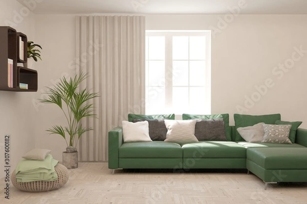 Fototapeta Stylish room in white color with green sofa. Scandinavian interior design. 3D illustration