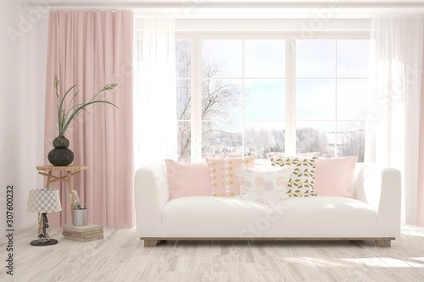 Fototapeta Stylish room in white color with sofa and winter landscape in window. Scandinavian interior design. 3D illustration