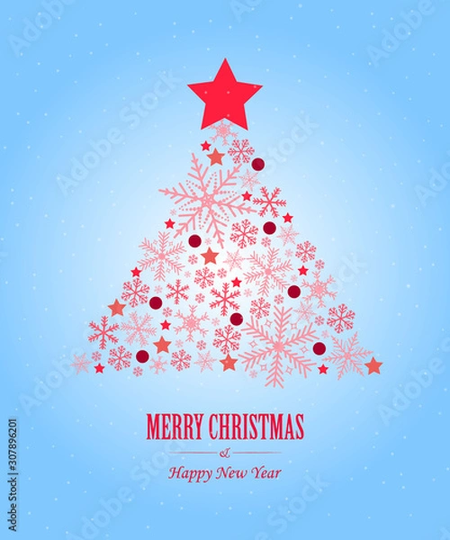 Fototapeta Christmas greeting card with star and snowflakes. Design for Christmas and New Year. Vector illustration. Christmas tree.