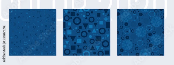 Fototapeta Blue color seamless pattern set. Classic geometric blue background for fabric, wallpaper, wrapping paper, fashion print. Classic design in trendy navy color. 2020 year collection. Vector illustration.