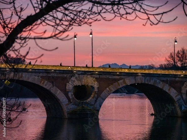 Obraz Pont Neuf de Toulouse sur la Garonne au coucher du soleil