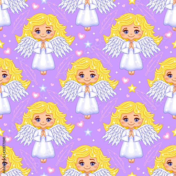 Fototapeta Angel with gold hair and blue wings seamless pattern. Violet Background. Vector Illustration.