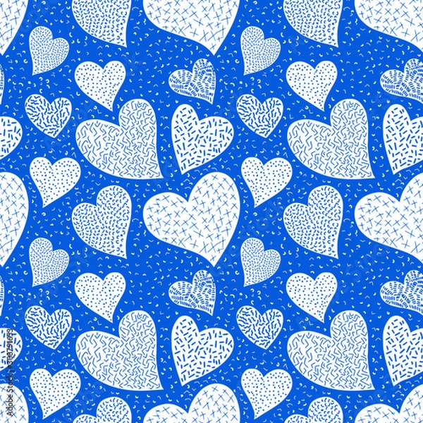 Fototapeta Romantic seamless pattern with cute images of hearts on a blue background. The style of children's drawing.