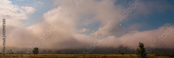 Fototapeta Morning clouds in the meadow. Landscape in the countryside.